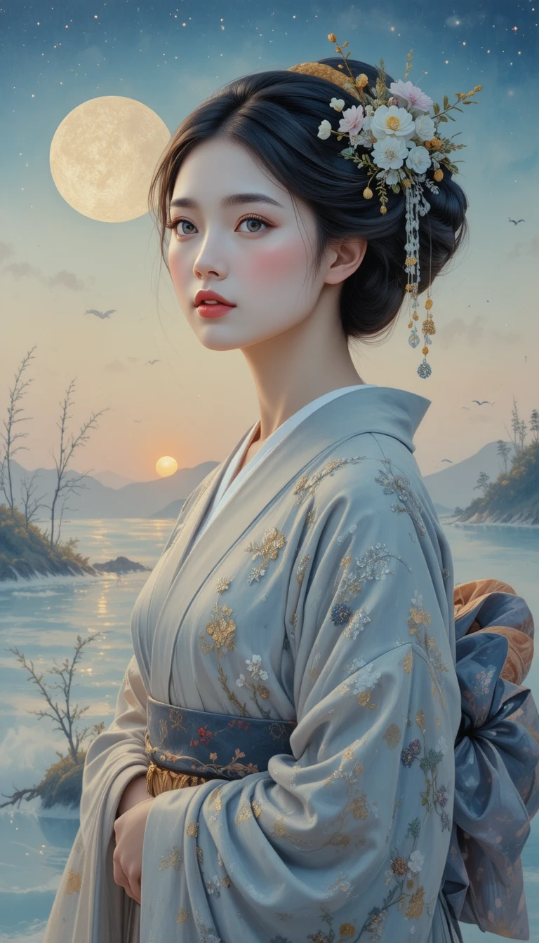 Geisha japonesa tradicional caminando suavemente al amanecer