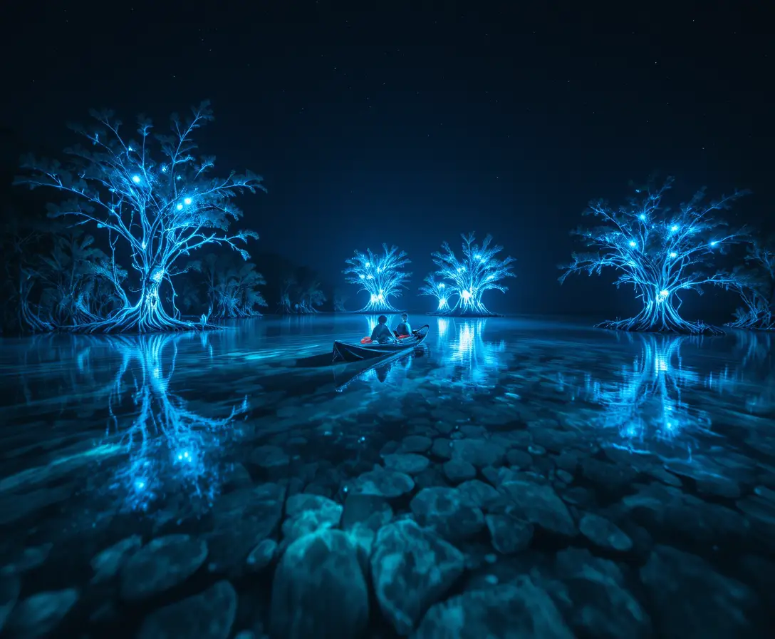 Baia Bioluminescente che Brilla di Blu Elettrico sotto il Cielo Notturno Tropicale