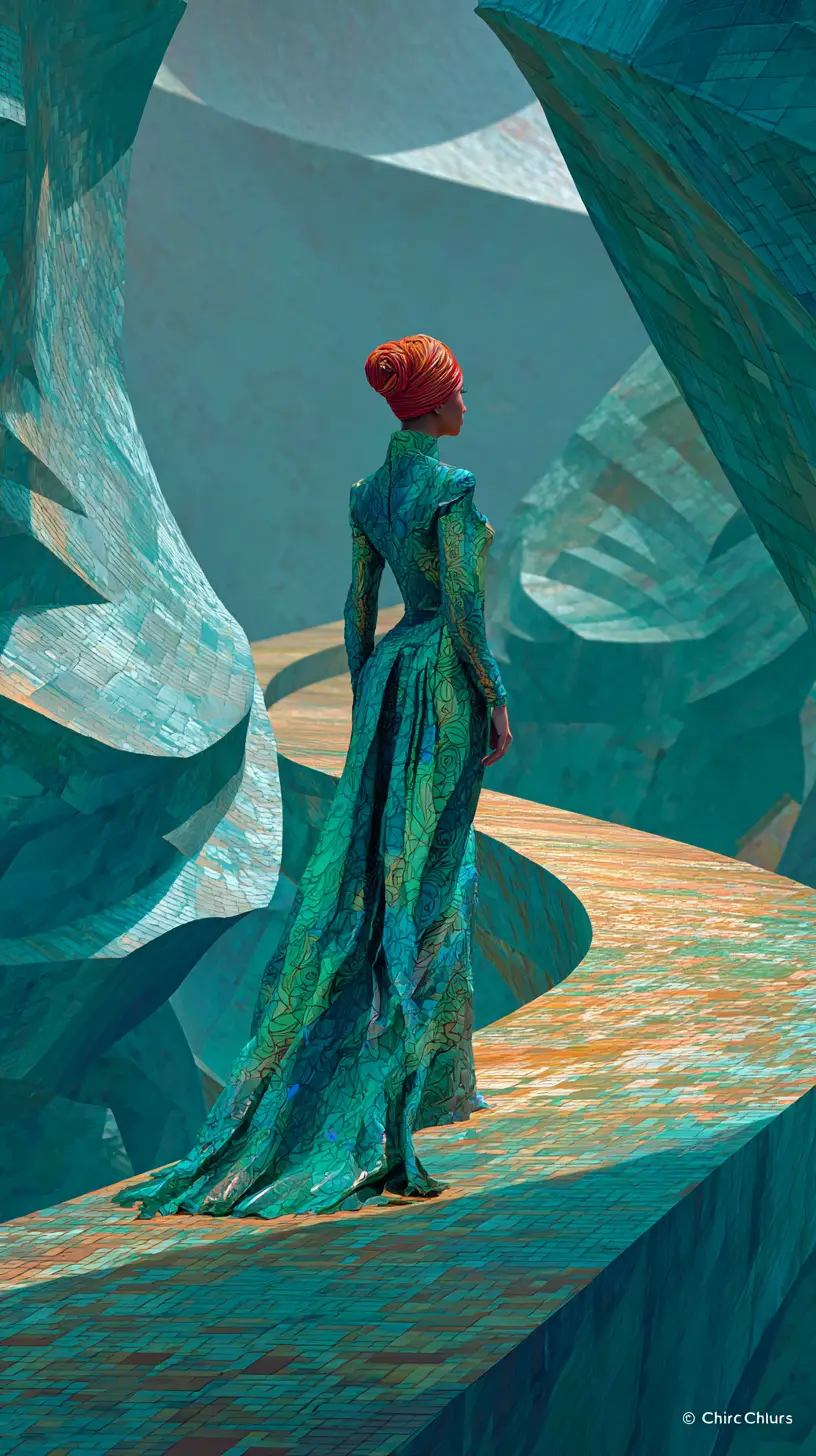 Elegant woman walking along a shimmering mosaic path