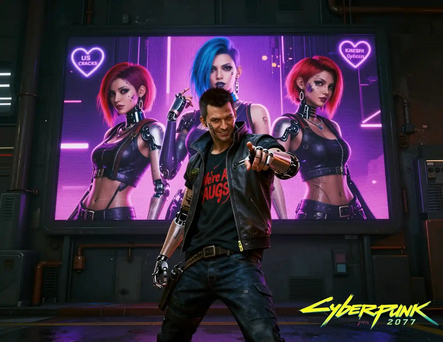Cyberpunk cyborg man posing on neon lit city street