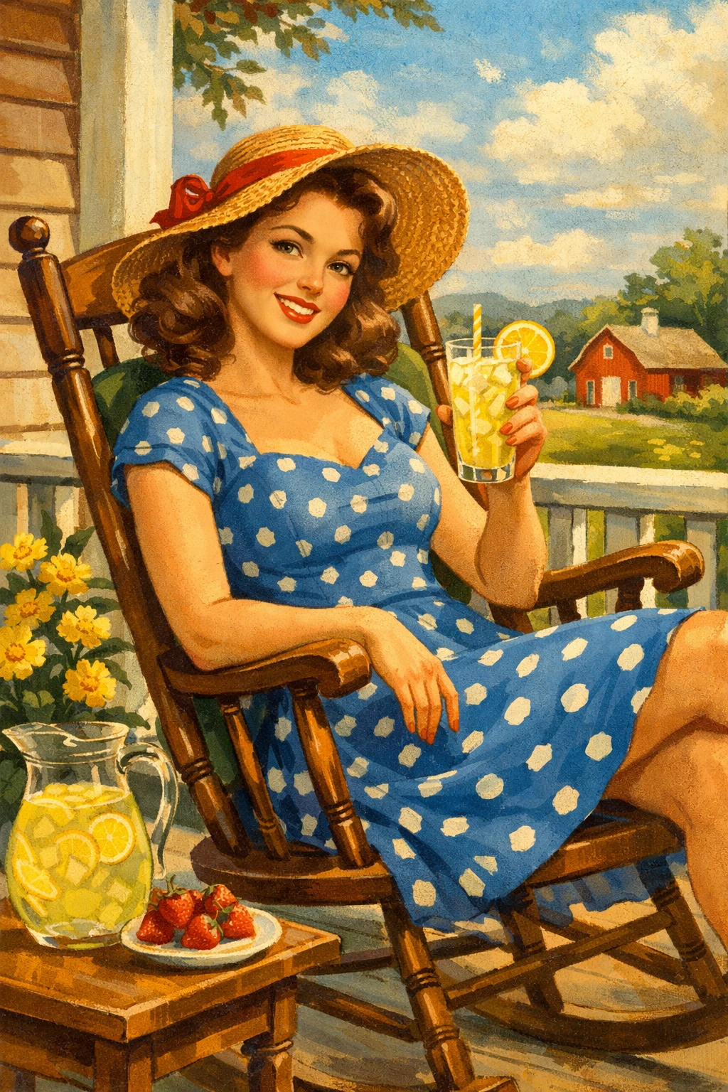Young woman relaxing on porch in blue polka dot dress