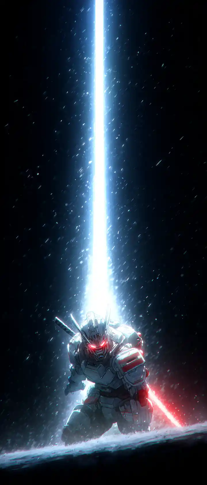 Guerrier samouraï cybernétique sous une lumière latérale dramatique et la pluie