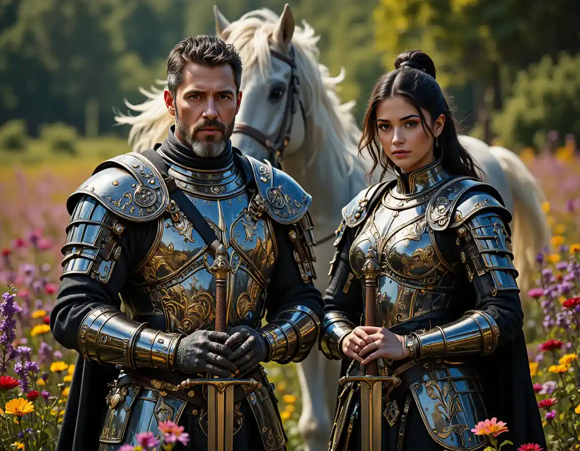 Armored warriors standing in a sunlit meadow with white horse