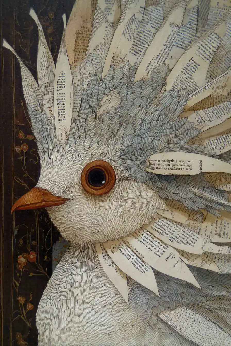 Uccello surreale e felice con piume di giornale e occhi color nocciola