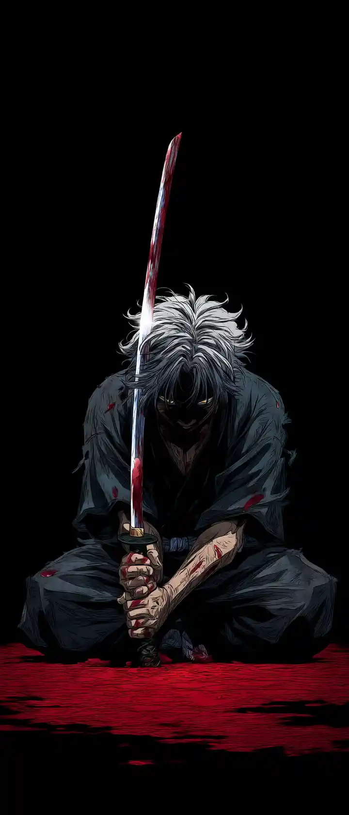 Lone anime warrior kneeling in harsh top light