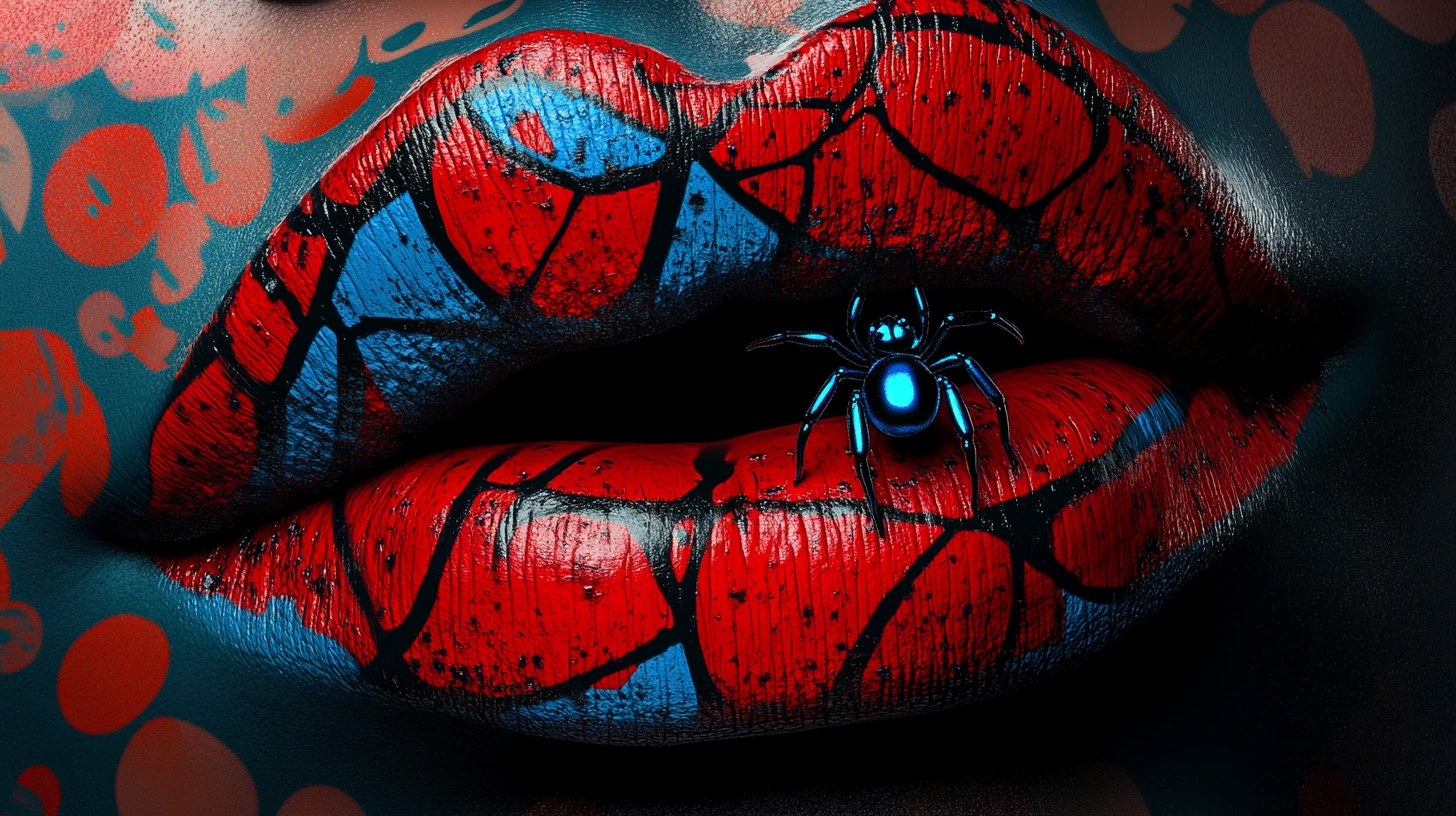 Primer plano pop art de labios cómicos rojos y azules brillantes