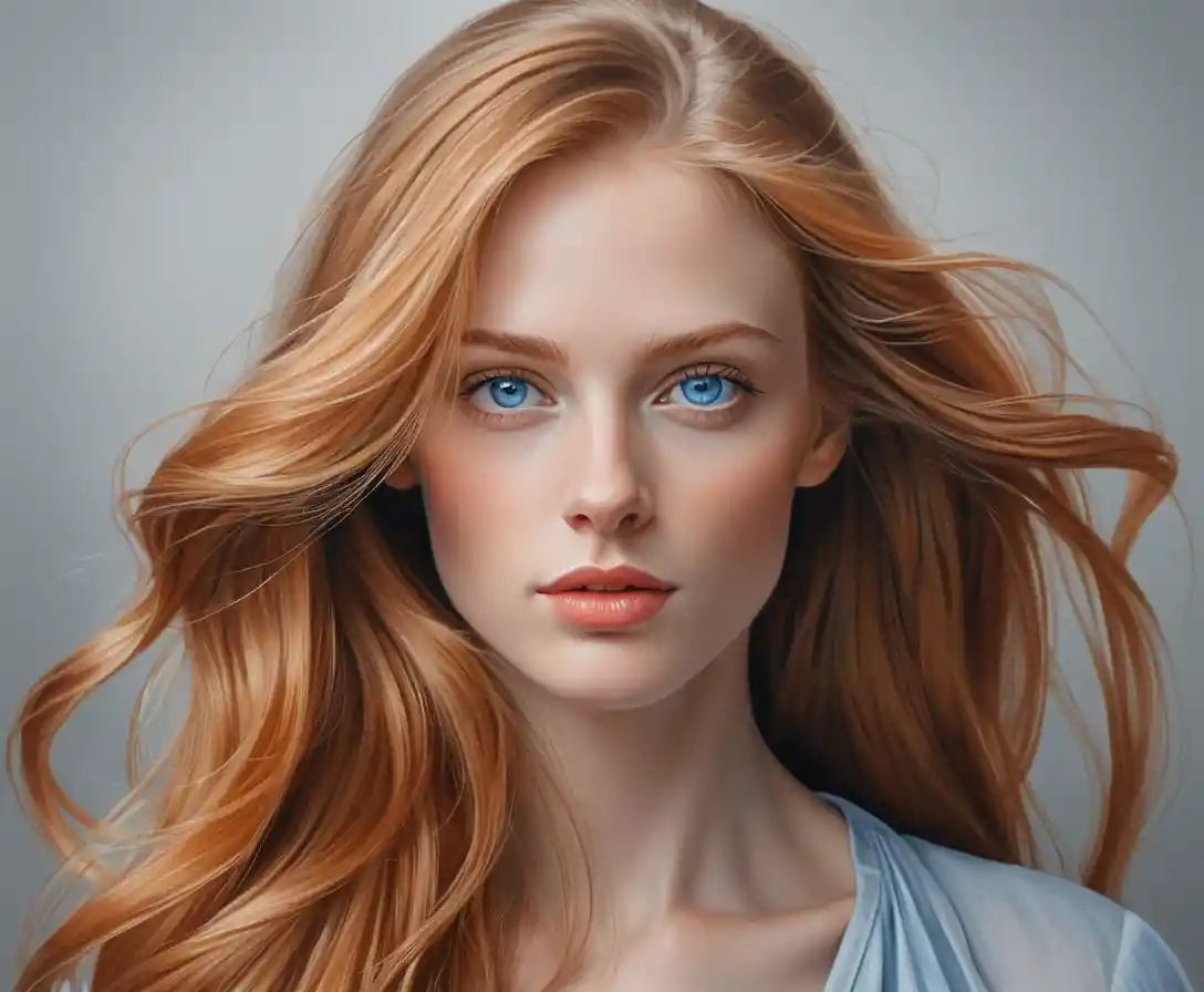 Red haired woman portrait with blue eyes and soft gray background