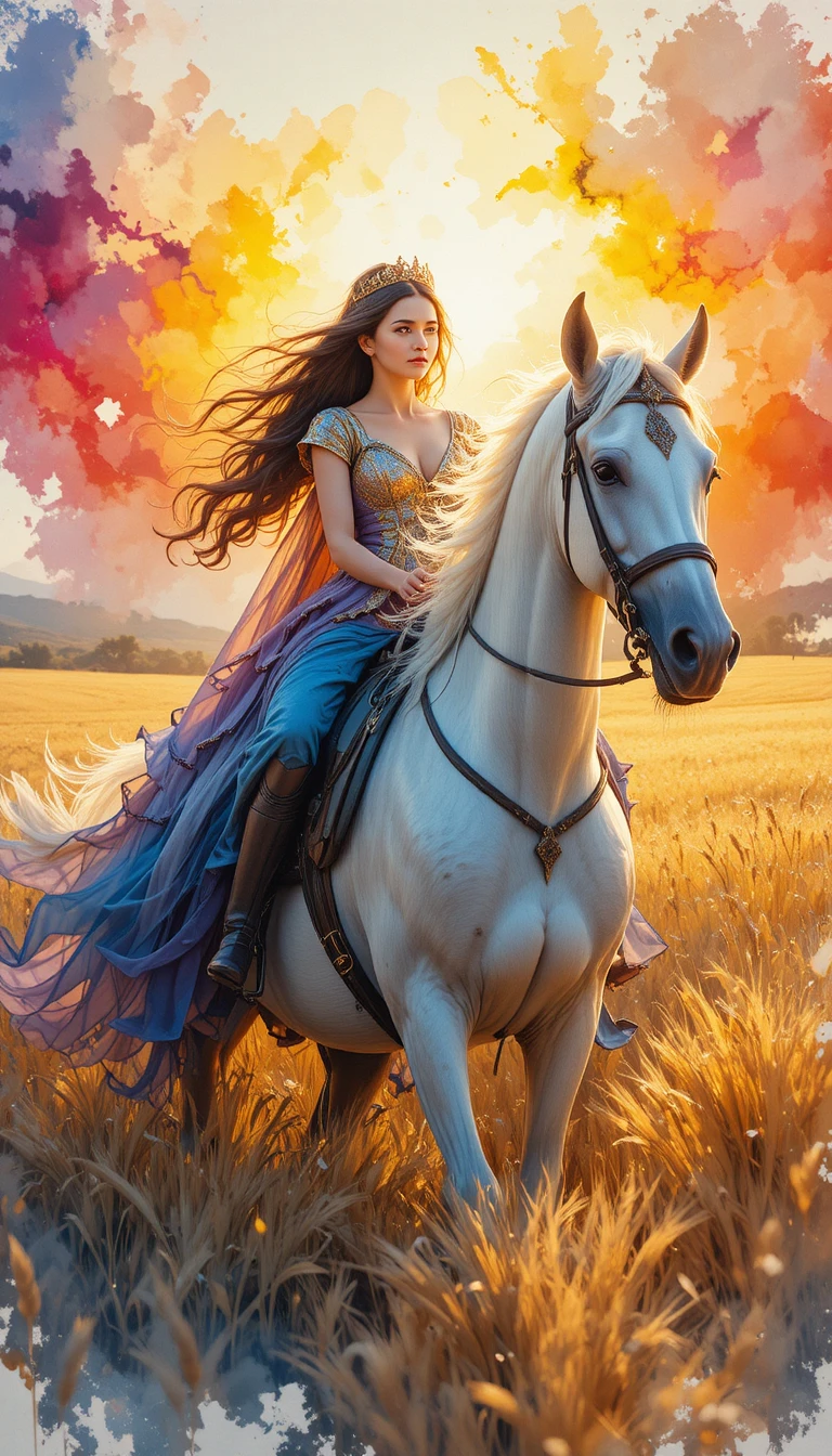 Junge Prinzessin reitet auf einem weißen Pferd durch goldenes Weizenfeld