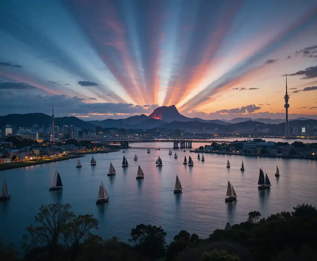 Skyline des Hafens von Auckland unter surrealen vulkanroten Sonnenuntergang