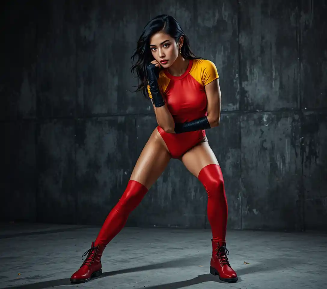 Giovane donna atletica in eroico costume rosso che posa in studio