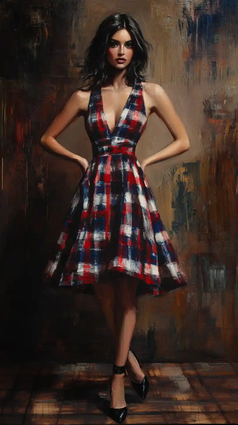 Slim woman in plaid dress walking in studio setting
