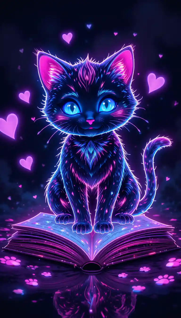 Neon cat doodle glowing on an open book with hearts