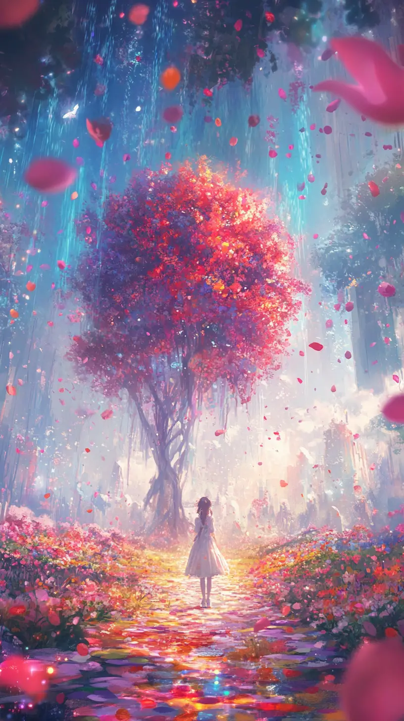 Enchanting apple tree in a colorful misty forest
