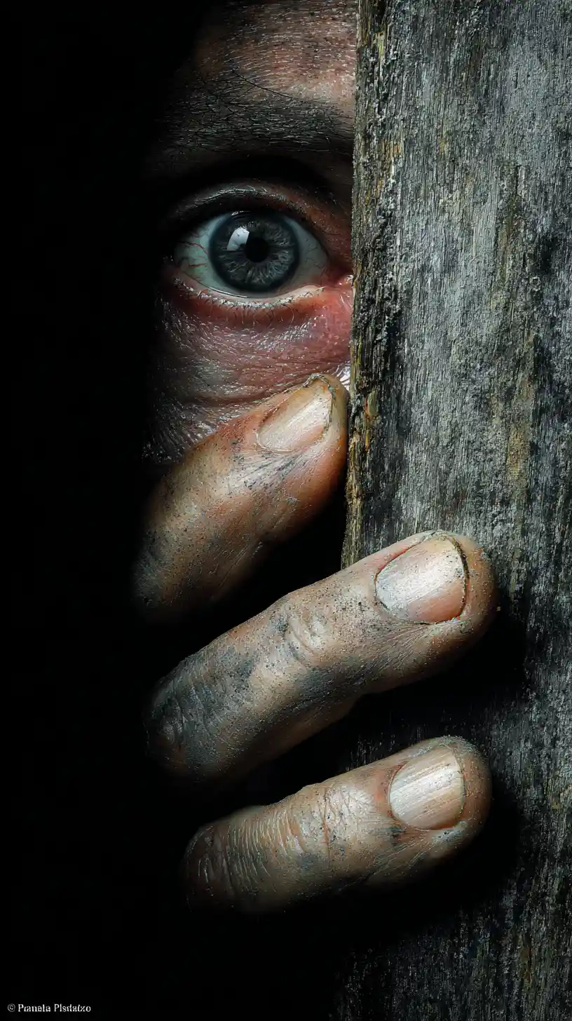 Menschliches Auge und angespannte Hand, die durch rissige Holzbretter spähen