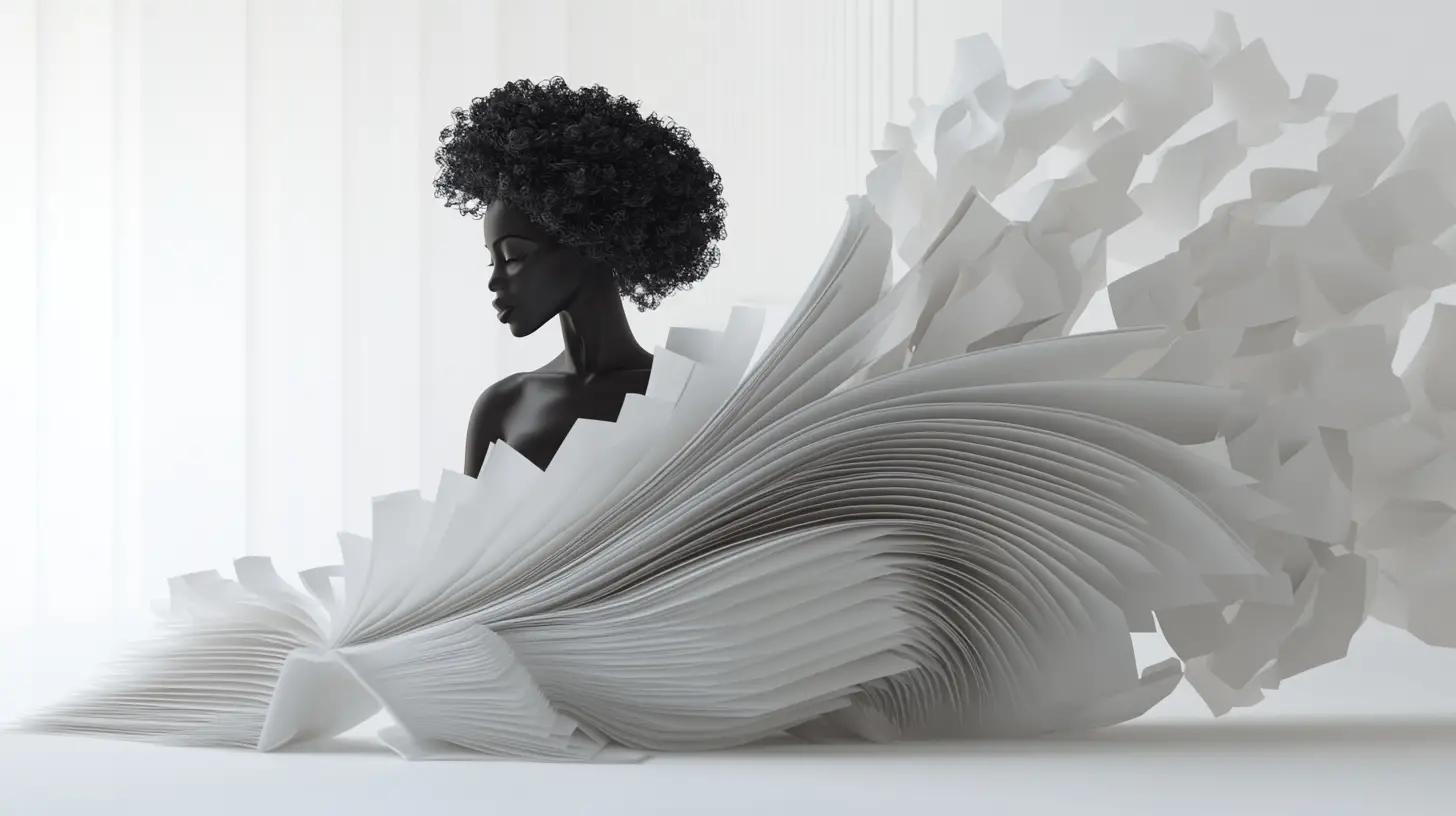 Surreal Black Woman Emerging From Sculptural Book In Gallery