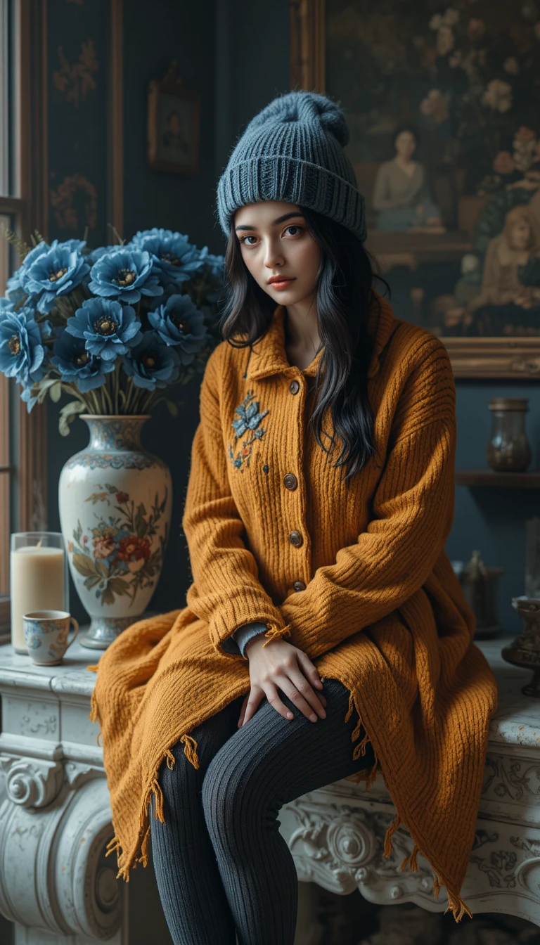 Young woman on marble mantel in cozy cinematic portrait