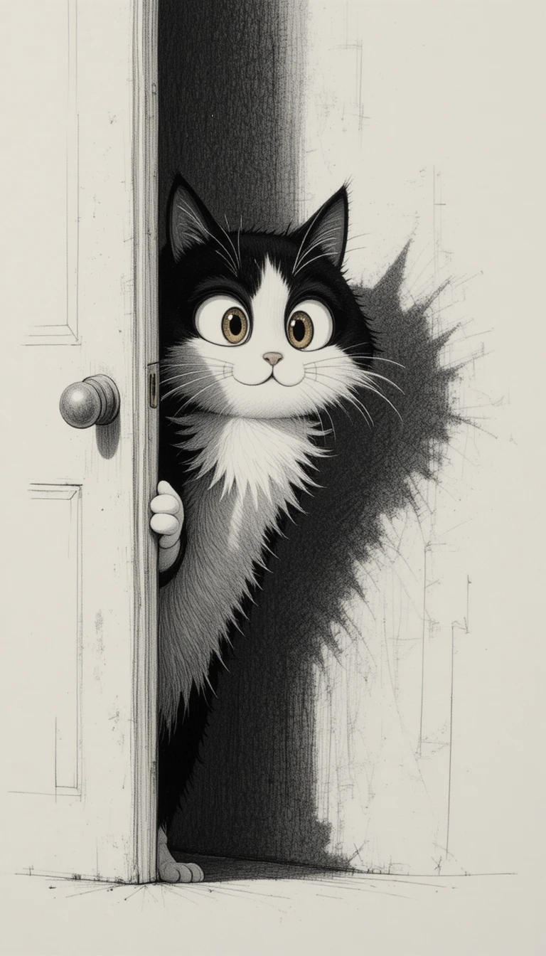Cartoon cat peeking from behind a door with kitten bouquet