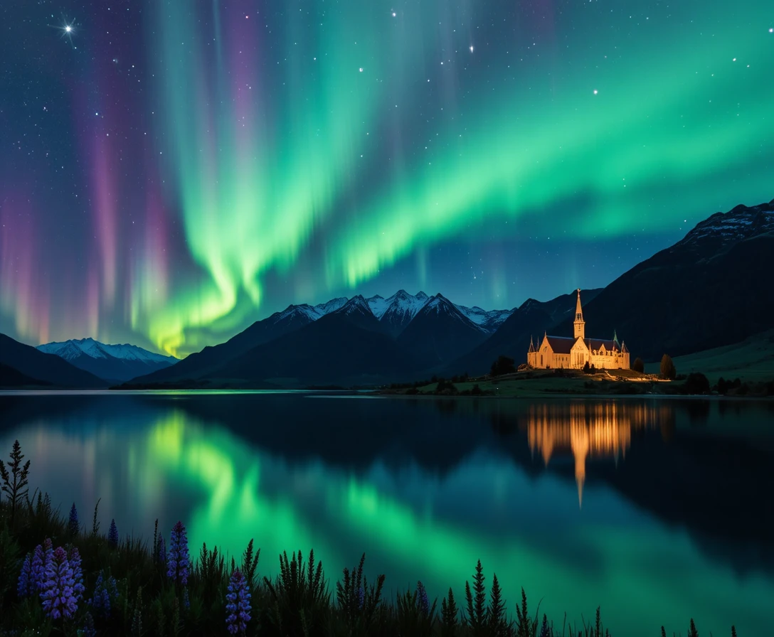 Aurora sul lago Tekapo e silhouette della chiesa