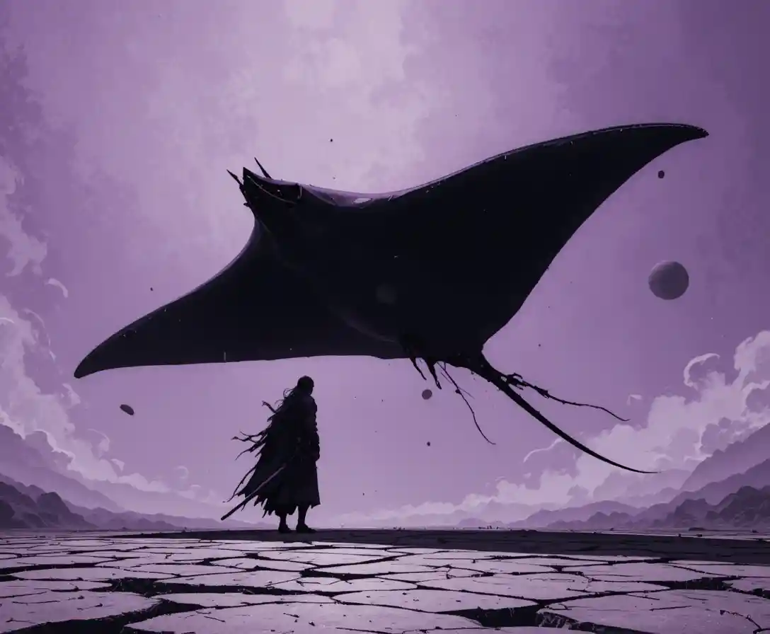 Lone ronin under a giant manta ray silhouette sky