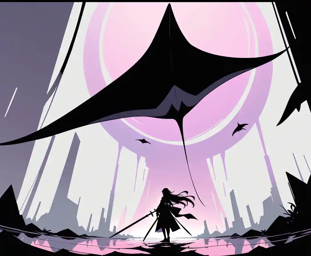Lone ronin under a giant manta ray silhouette
