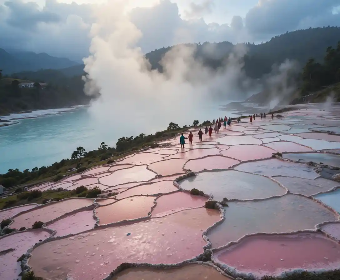 Geothermale Pink- und Weiß-Terrassen am türkisfarbenen Lake Rotomahana