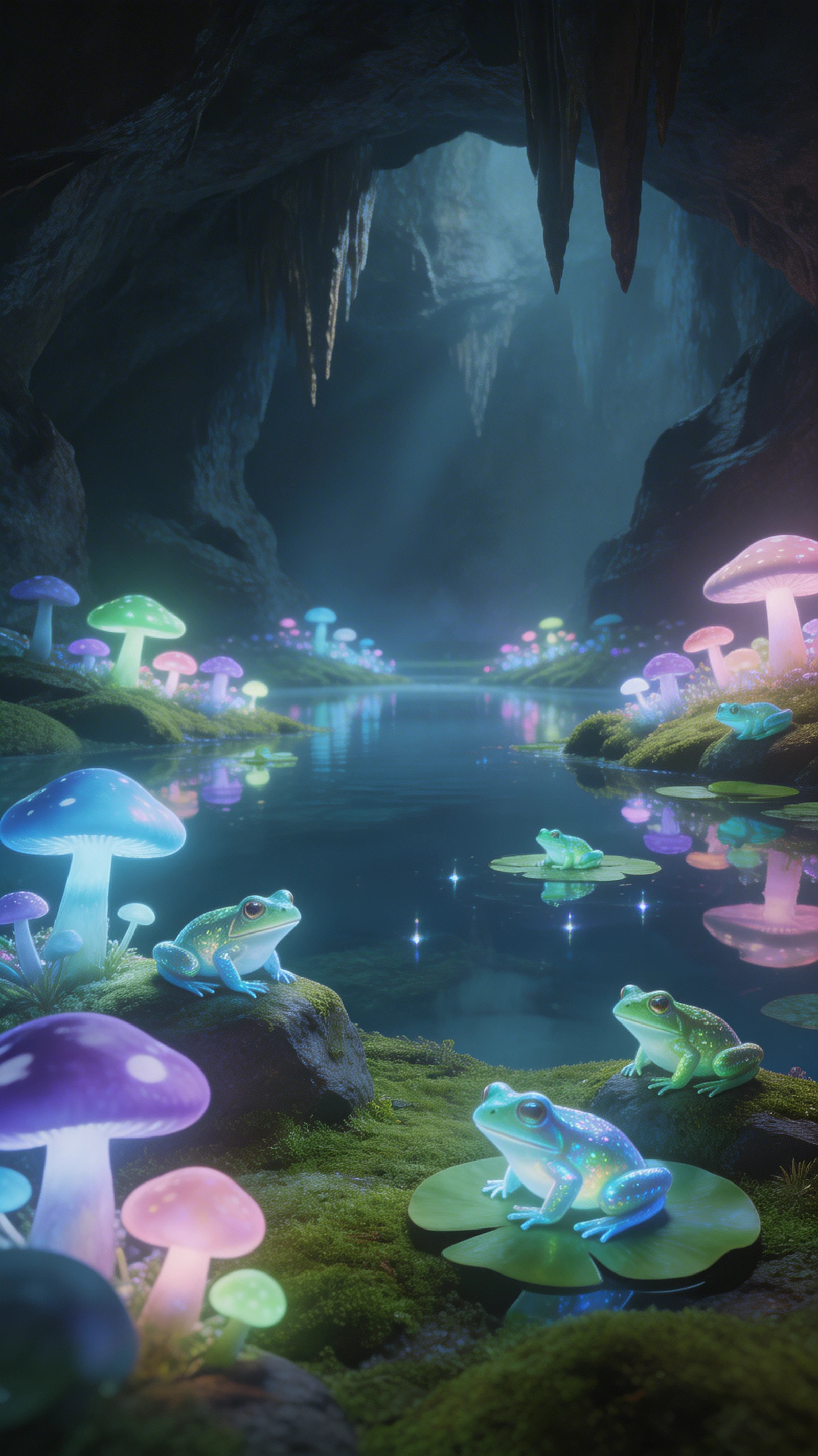 Valle sotterranea mistica con funghi luminosi e lago