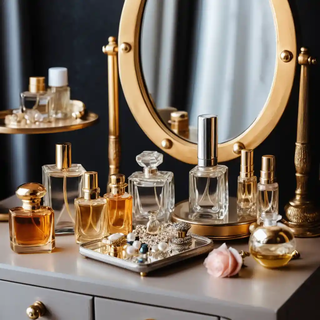 Vintage perfume bottles and jewelry on an elegant vanity