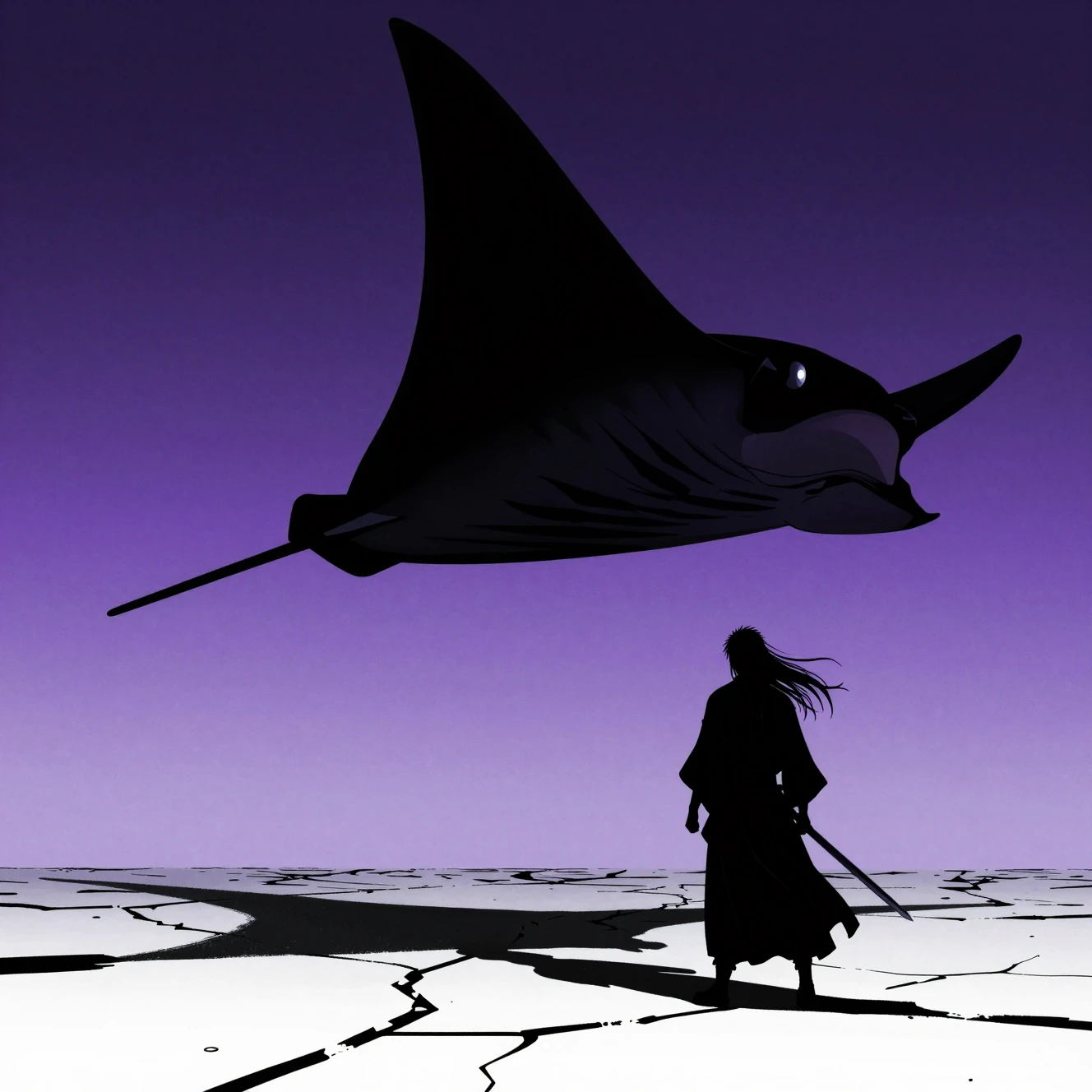 Silueta de mantarraya gigante sobre espadachín solitario en cielo púrpura
