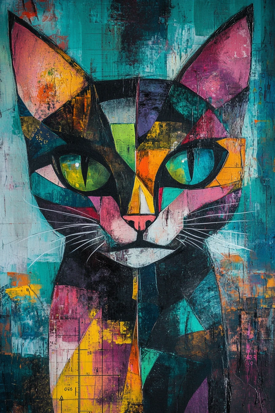 Foto de gato cubista fragmentado com olhos de néon sobrepostos