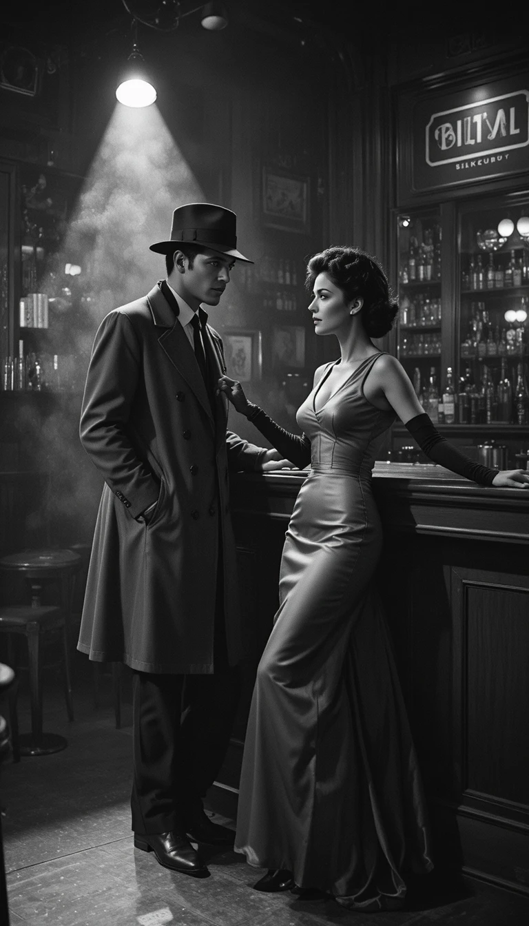 Mysterious couple in smoky 1940s noir jazz club scene