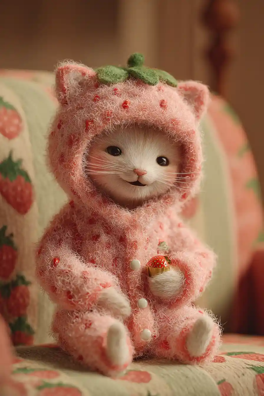 Cute cat in strawberry onesie eating muffins on sofa