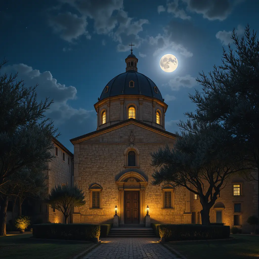 月明かりに照らされた歴史あるイタリアの礼拝堂の夜景