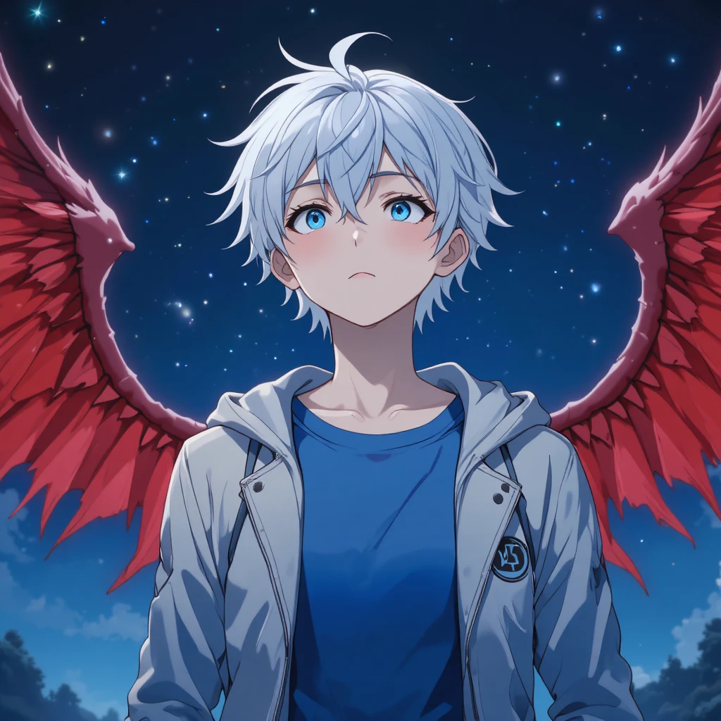 Weißhaariger Anime-Junge mit roten Flügeln unter dem Sternenhimmel