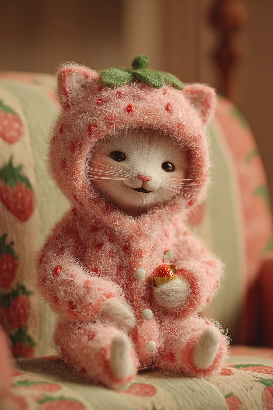 Adorable chat en grenouillère fraise mangeant des muffins sur le canapé