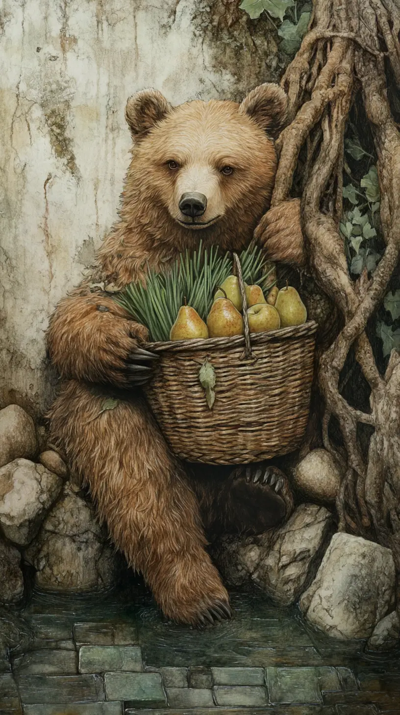 Whimsical Bear With Basket By Enchanted Tree Root Pool