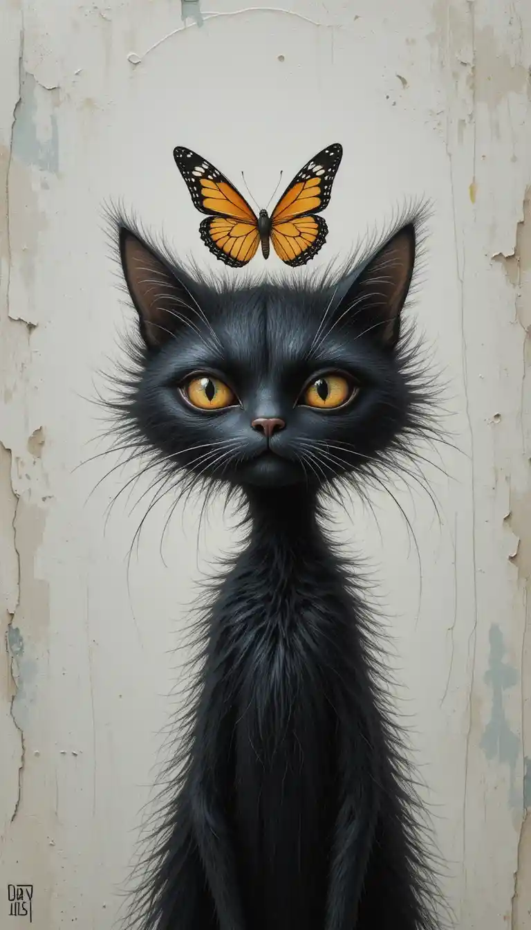 Gloomy cartoon cat with butterfly on its head