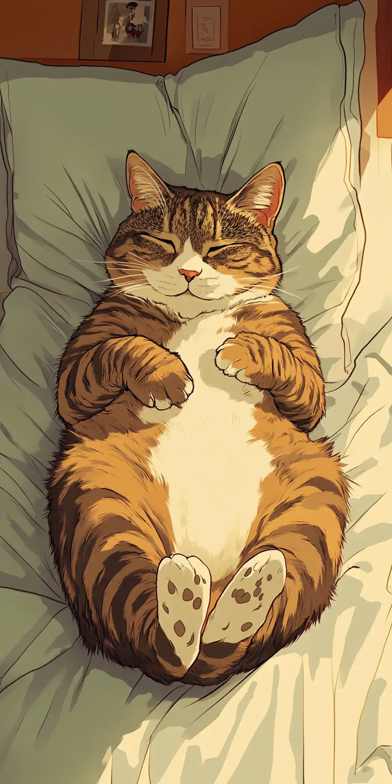 Cute cat lounging on a bed like a tiny human