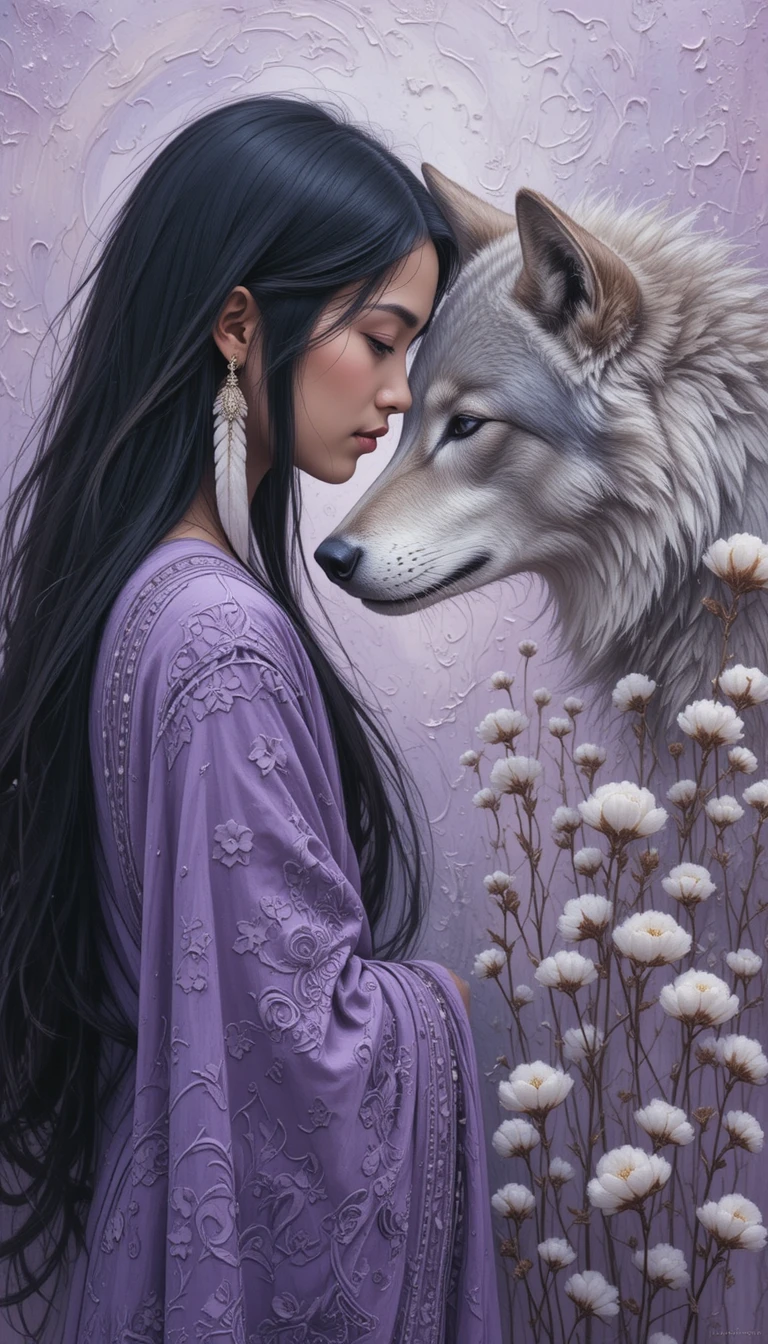 Mulher indígena tocando delicadamente um lobo cinza pacífico