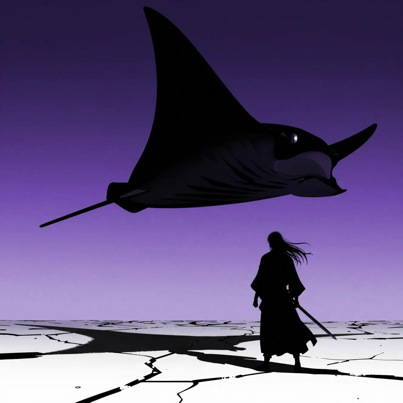 Silhouette eines riesigen Mantarochen über einsamem Schwertkämpfer am violetten Himmel