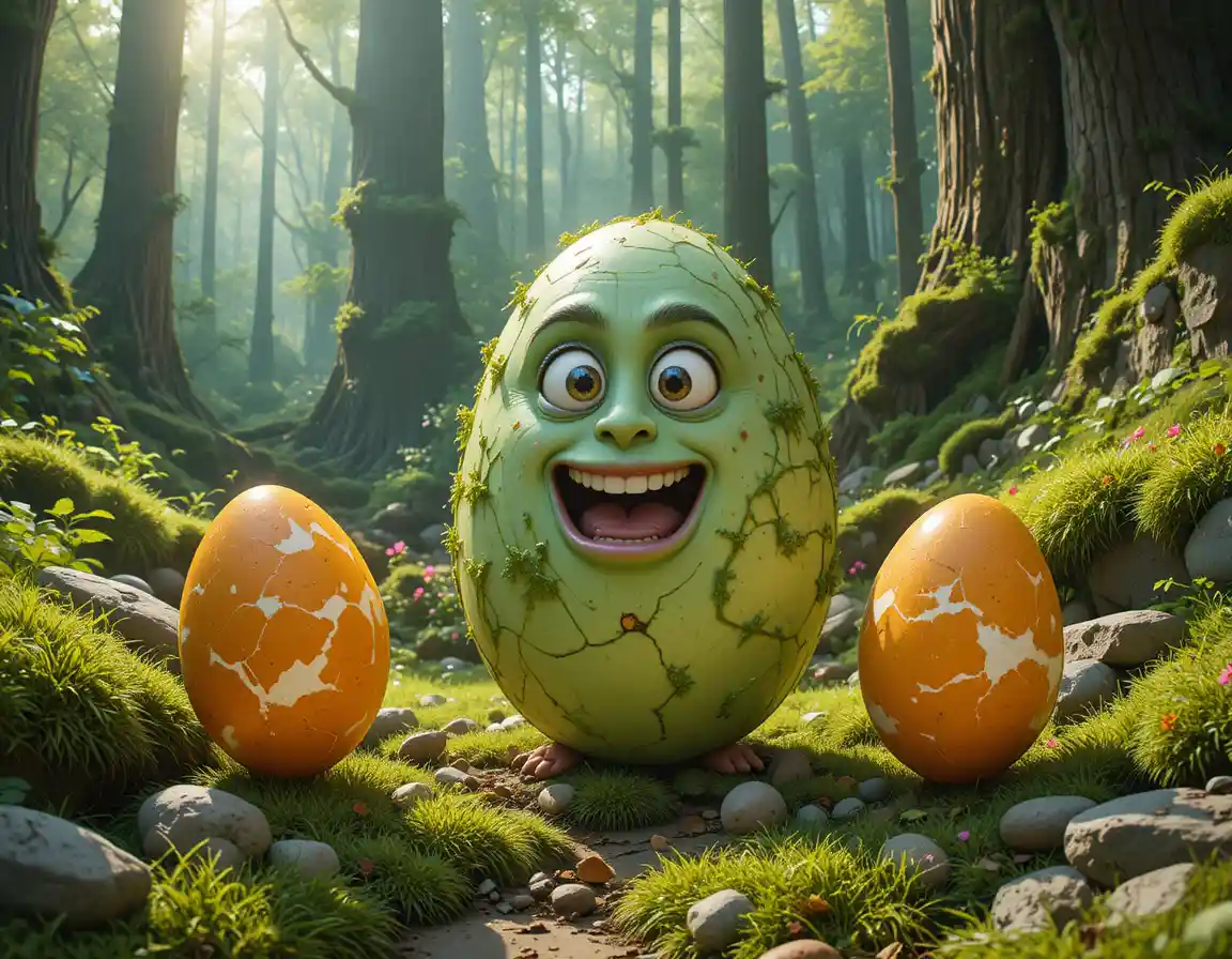 Colorful fantasy eggs scattered across a lush forest floor