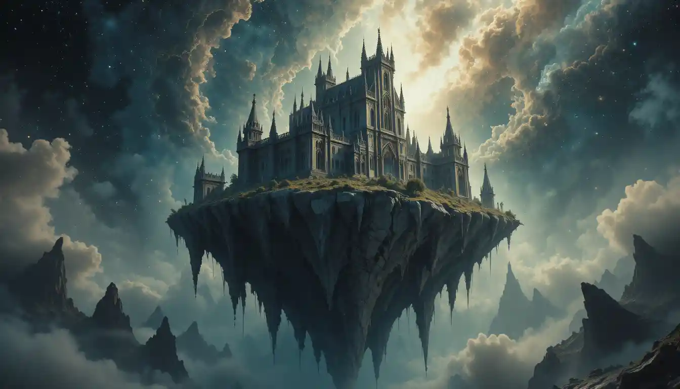 Ancient castle on a floating island in cosmic nebula
