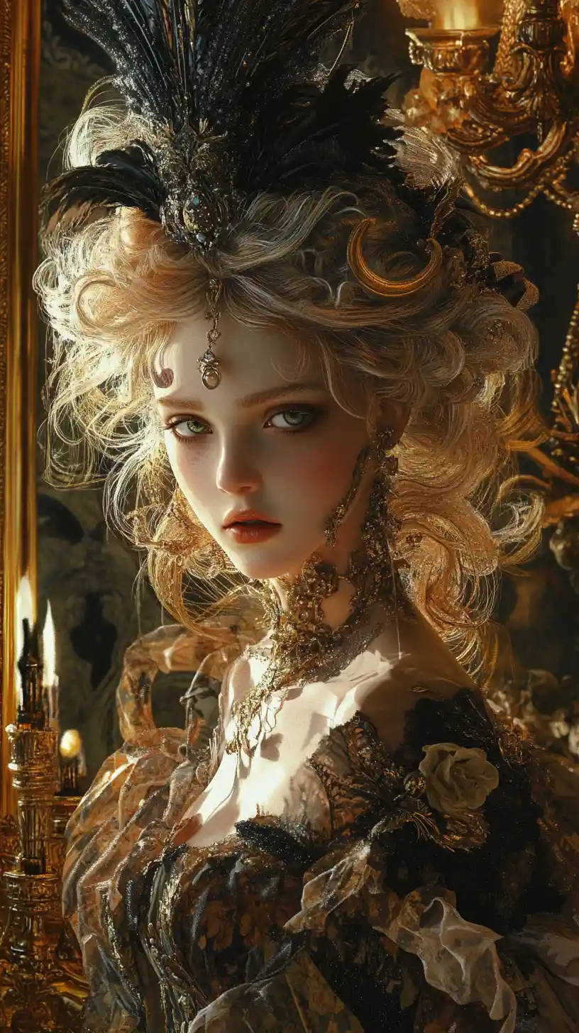 Baroque courtesan in a twisted anime inspired waltz pose