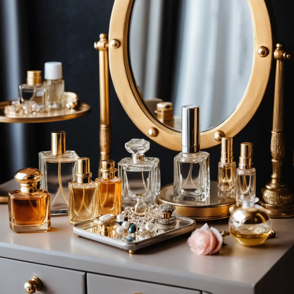 Vintage perfume bottles and jewelry on an elegant vanity