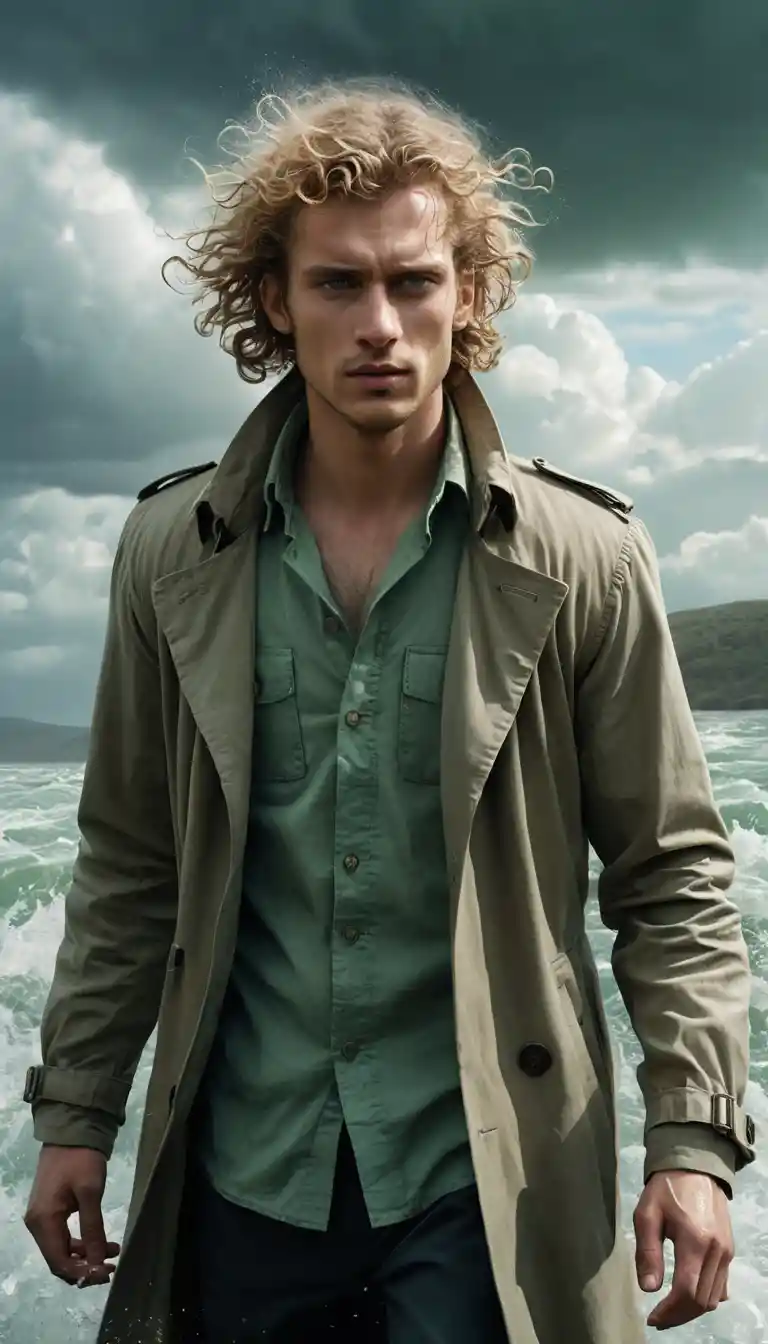 Young man emerging from swirling green vortex of water