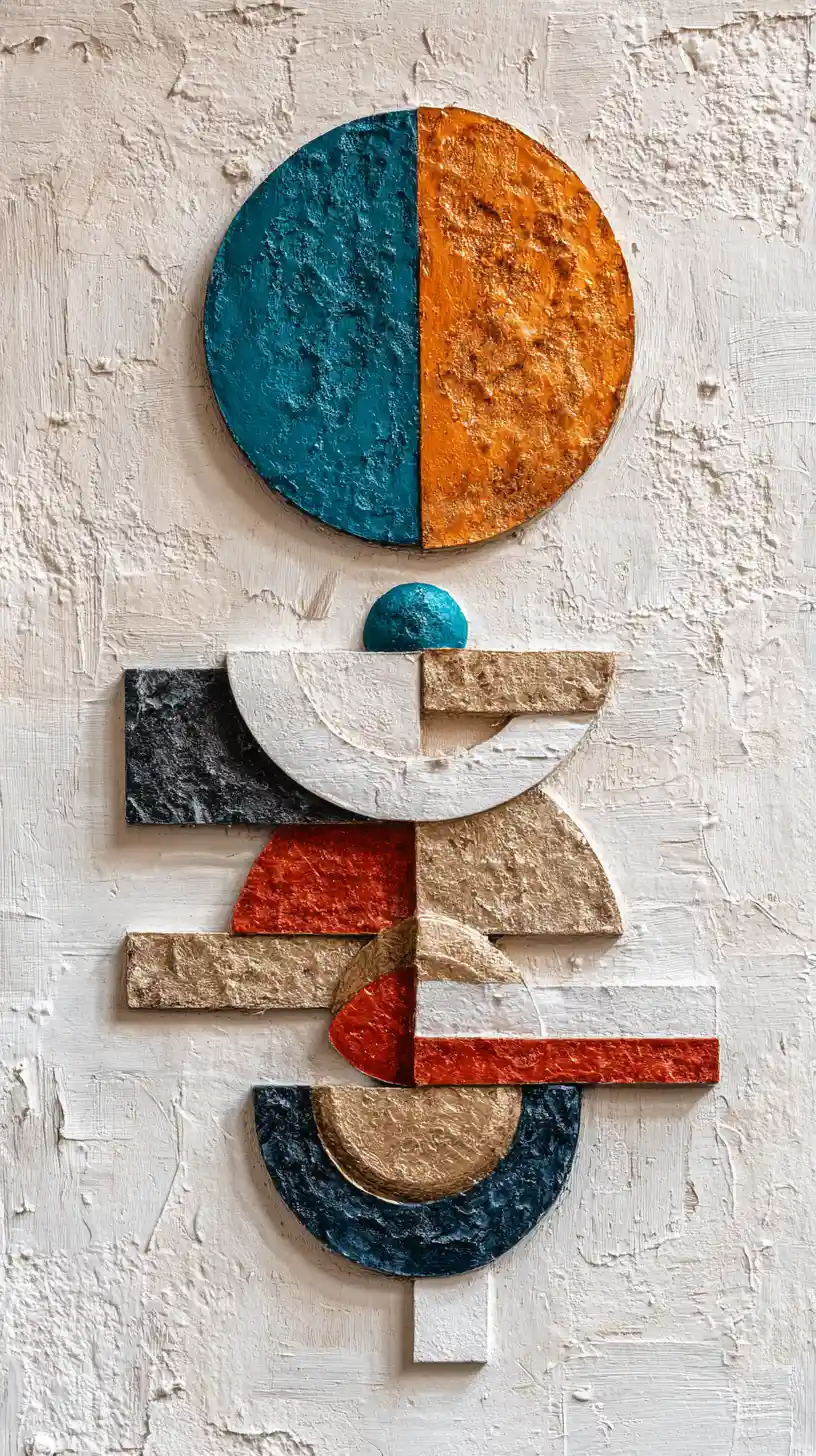 Mural em relevo geométrico abstrato com círculos texturizados