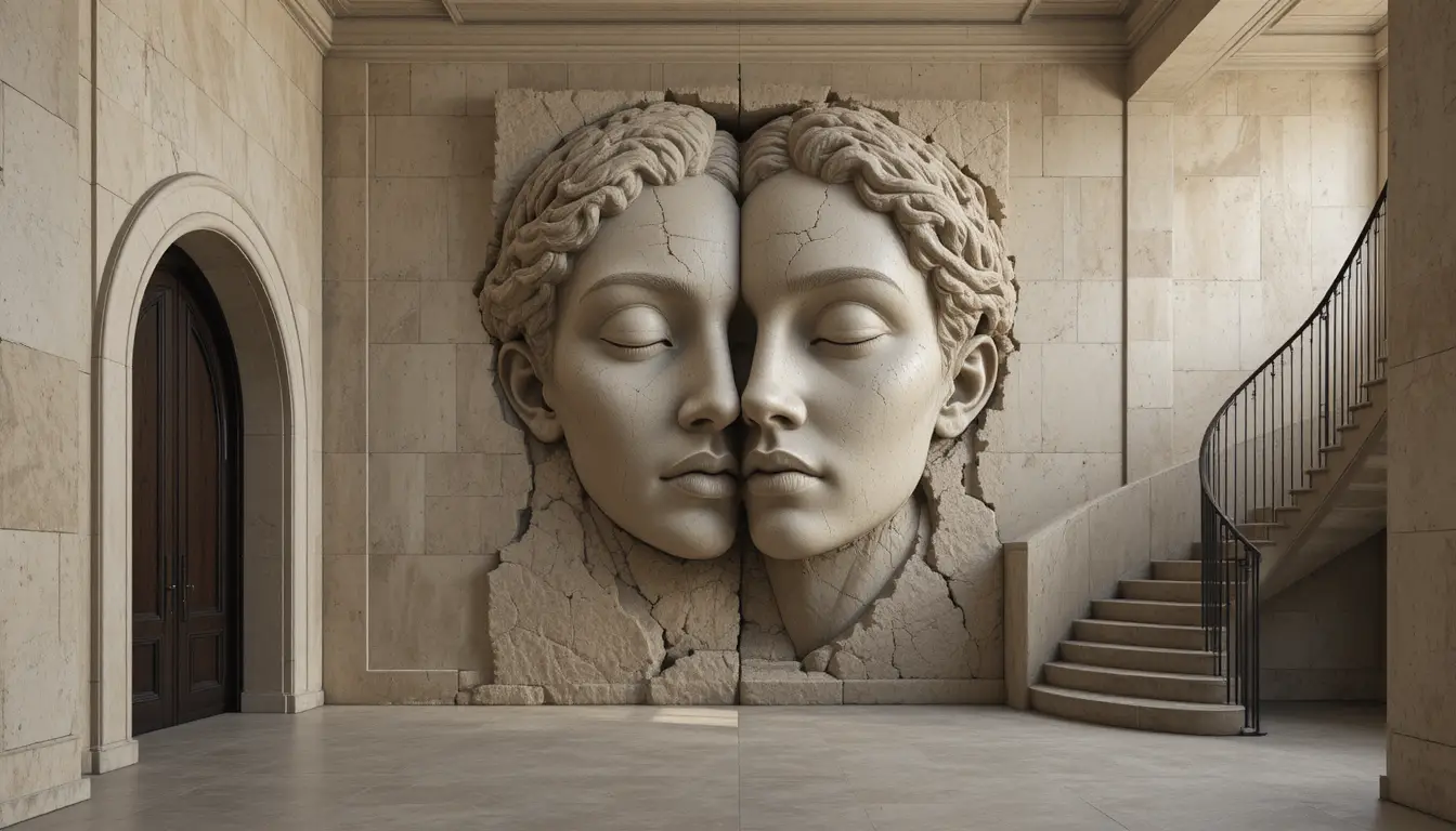 Relieve sereno de rostro en piedra en un pasillo arquitectónico moderno