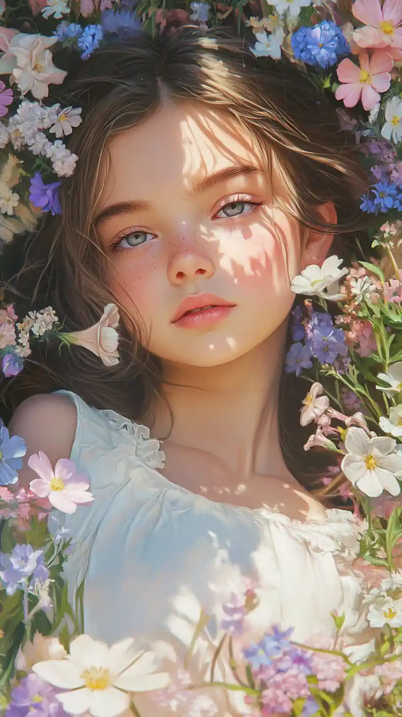 Smiling young girl in a dreamy pastel flower field