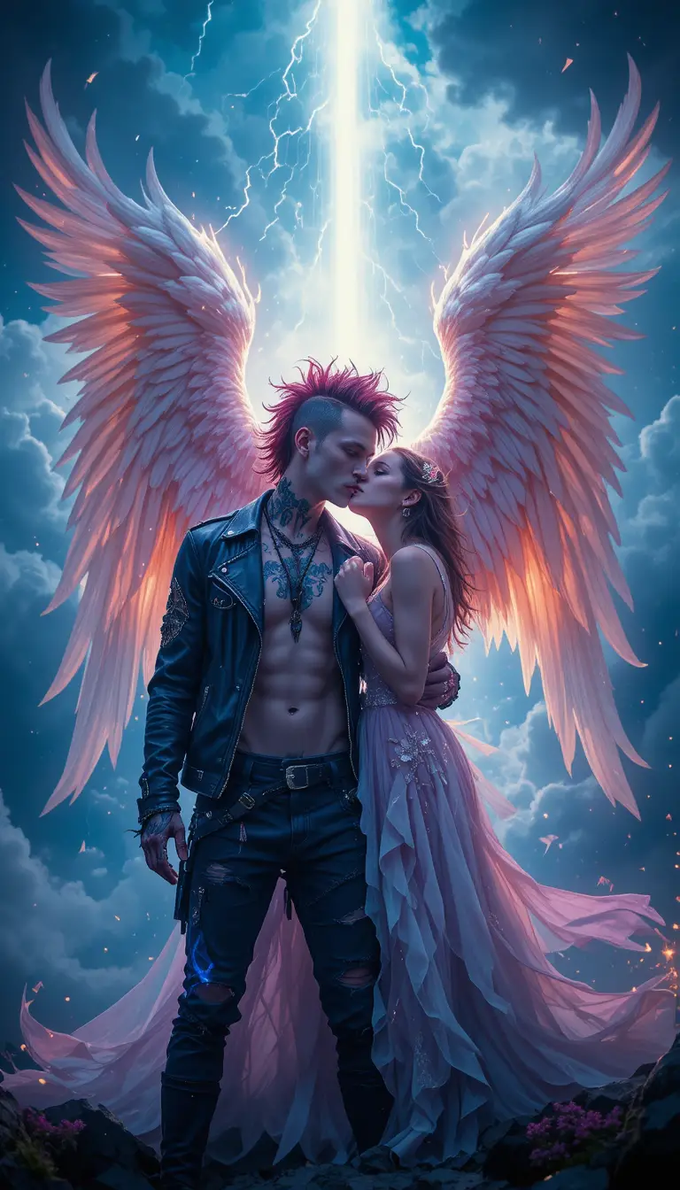Homem punk e mulher angelical sob nuvens de tempestade se abrindo