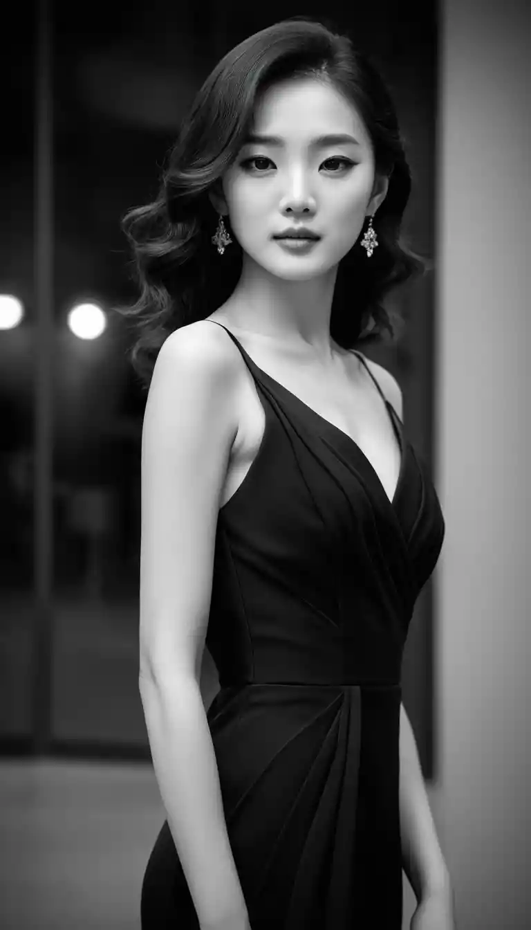 柔焦中身穿黑色晚禮服的優雅韓國女子