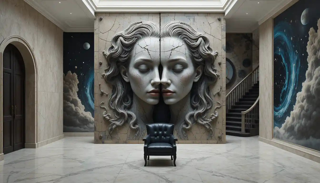 Moderner Flur mit skulptierten Steingesichtern und Wendeltreppe